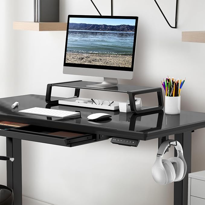 SHW 48x24 Glass Electric Height Adjustable Standing Desk – Motorized Sit Stand Desk with Monitor Riser, Pull-Out Drawer, Memory Presets, Black