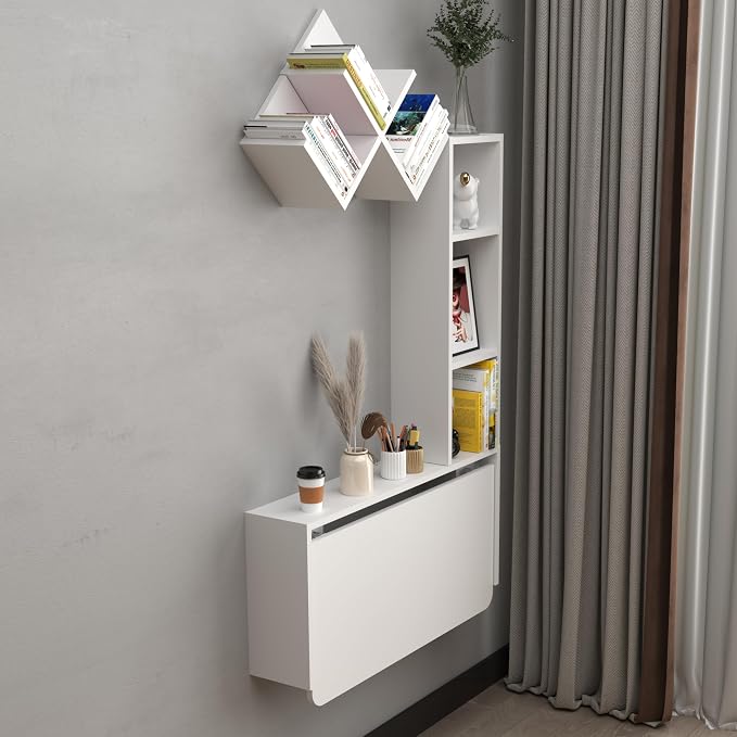 Folding Wall Mounted Drop Leaf Table, Foldable Desk with Moveable Cabinets, Floating Laptop with Convertible Storage Shelves, Multifunctional Computer Workstation in Home for Space Saving