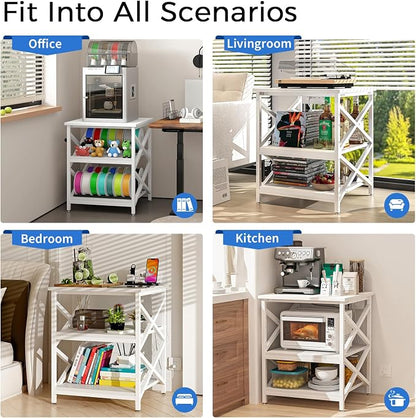 METYERRY Large Printer Stand with Power Outlet, with Height Adjustable Storage Shelf, 3 Tier Rolling Printer Cart with Industrial Wheels, 23.6 x 23.6 Inches Printer Table for Home Office, White