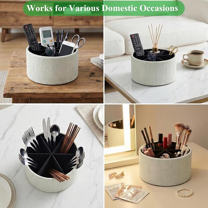 Remote Control Holder, 360°Spinning PU Leather Desk TV Remote Caddy,Desk Storage Box Room Accessories for Controller, Media,Mail,Calculator, Mobile Phone,Pencil(1-Big Wood Beige)