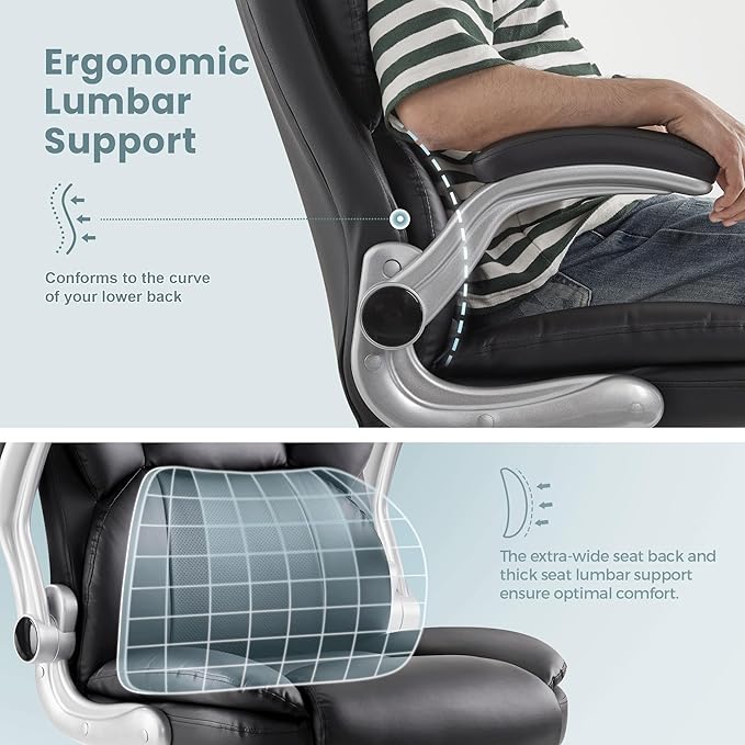 IWMH Executive Office Chair, Ergonomic Big and Tall Computer Desk Chair, High Back PU Leather Chair with Padded Flip-up Armrest, Lumbar Support Swivel Rolling Chairs Black