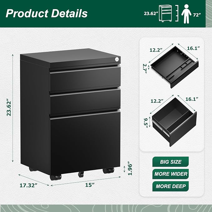 Superday File Cabinet 3 Drawer, Metal Rolling Vertical Filing Cabinet with Wheels, Small Under Desk File Cabinets for Home Office (Black)