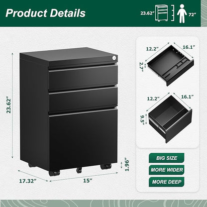 Superday File Cabinet 3 Drawer, Metal Rolling Vertical Filing Cabinet with Wheels, Small Under Desk File Cabinets for Home Office (Black)