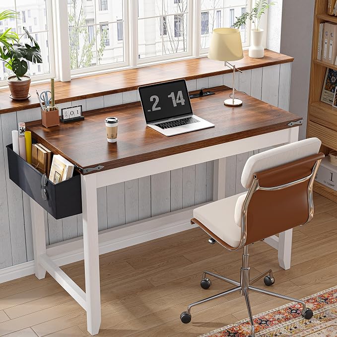 EnHomee 32 Inch Small Writing Desk with Power Outlet and Storage Bag, Student Desk for Bedroom and Dorm Room, Home School Desk for Teens, Brown & White