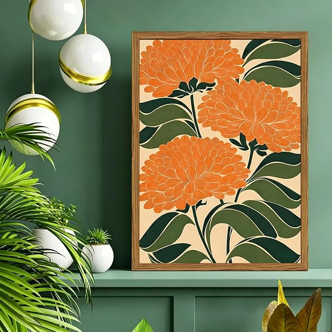 Framed Boho Floral Wall Art, Vintage Orange Flower Canvas Wall Decor Pictures, Mid Century Modern Abstract Botanical Paintings Prints Maximalist Home Decor for living Room Bedroom Office 16x24 inch