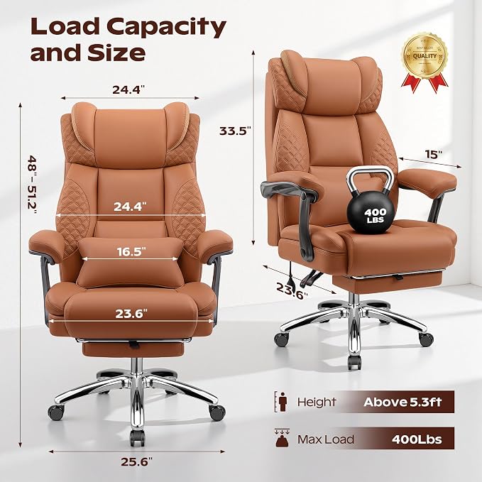 Office Chair, Ergonomic Desk Chair with Adjustable Lumbar Support for Back Pain, Extra Wide 400LBS Comfy Big and Tall Office Chair with Footrest, Executive Leather Computer Game Chair for Heavy People