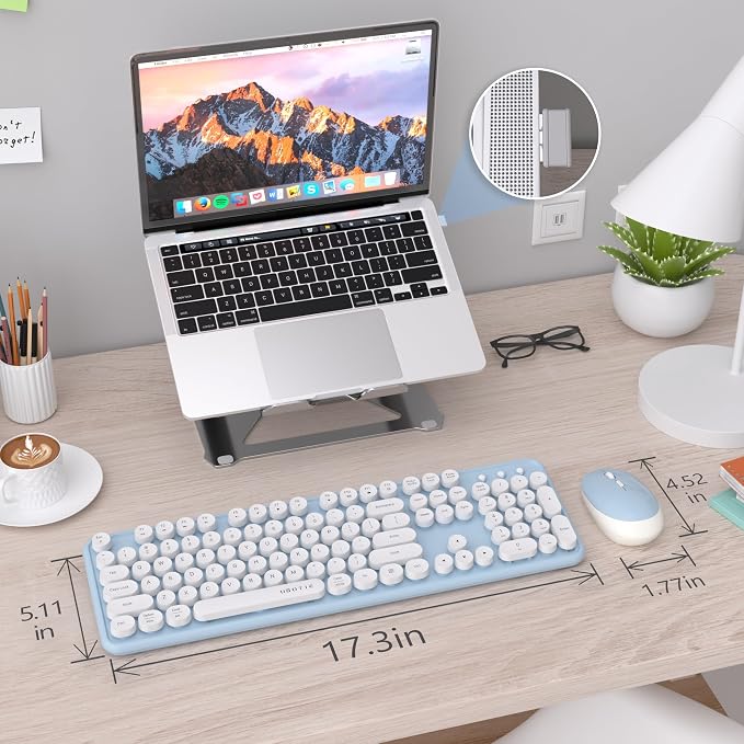 UBOTIE Colorful Wireless Keyboard and Mouse Combos, Retro Typewriter Floating Flexible Full-Sized Keys Computer Keyboard with Optical Mouse, 2.4GHz USB-A Connection for Windows Mac (Blue-White)
