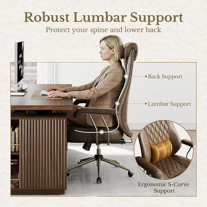 High Back Executive Office Chair, Ergonomic PU Leather Desk Chair with Integrated Headrest, Lumbar Support & Recline Function, Adjustable Swivel Computer Chair for Home Office, Brown