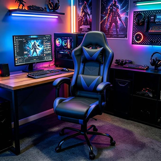 Gaming Chair, Ergonomic Computer Chair with Footrest and Lumbar Support, Height Adjustable Video Game Chair with 360° Swivel Seat and Headrest for Office, Home, Streaming and Gaming (Blue)