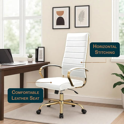 LeisureMod Modern High-Back Leather Office Chair - Swivel & Adjustable Executive Desk Chair with Gold Frame, Ergonomic Design for Home & Office (White, Set of 2)