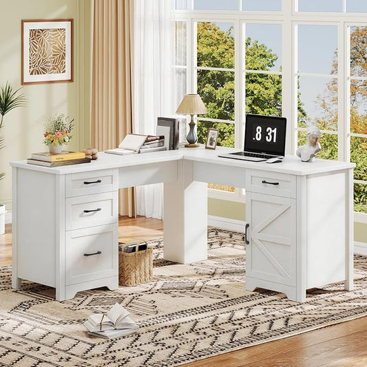 Vabches 59" L Shaped Executive Desk, Farmhouse Home Office Desk with File Drawer,Storage Cabinet, Wood Corner Sturdy Writing Workstation.Cream White