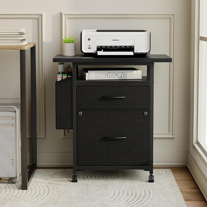 DUMOS 2 Drawer Mobile File Cabinet, Fabric Filing Cabinet with 24'' Desktop,Small Office Drawers Under Desk Fits A4 Size, Rolling Printer Stand with Storage Side Bag for Home Office, Black