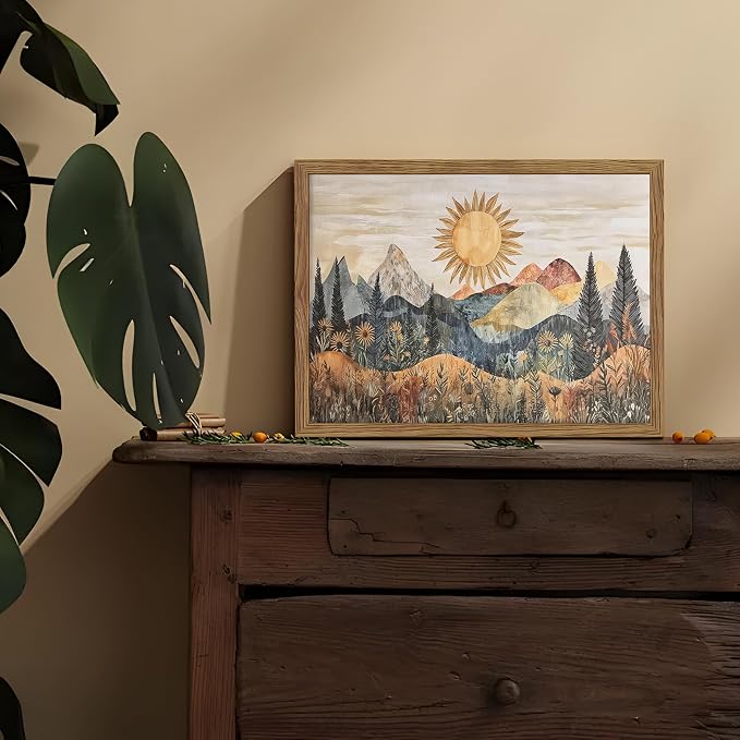 Framed Boho Sun Canvas Wall Art, Modern Abstract Mountain Landscape Painting, Southwestern Sun Poster Picture Print, Boho Floral Aesthetic Wall Decor for Bedroom Home Office 8x10 inch