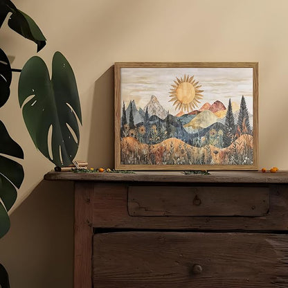 Framed Boho Sun Canvas Wall Art, Modern Abstract Mountain Landscape Painting, Southwestern Sun Poster Picture Print, Boho Floral Aesthetic Wall Decor for Bedroom Home Office 8x10 inch