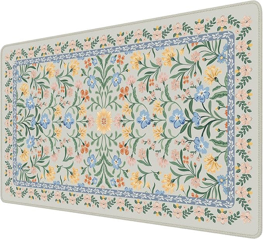 iCasso Green Aesthetic Flower Mouse pad for Laptop, Desk Pad Mat, Desk Matt for Desktop 13.7"x23.6", Anti-Slip Mousepad with Stitched Edges for Laptop Computer Keyboard(Green Floral)