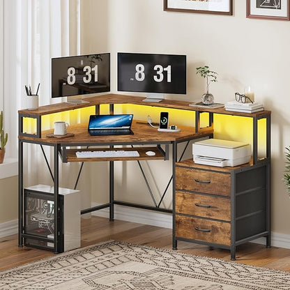 YOMILUVE Corner Desk with Power Outlets, Small Computer Desk with Drawers & Printer Shelf, Triangle Gaming Desk with LED Lights, Keyboard Tray and Monitor Stand for Small Space, Rustic Brown