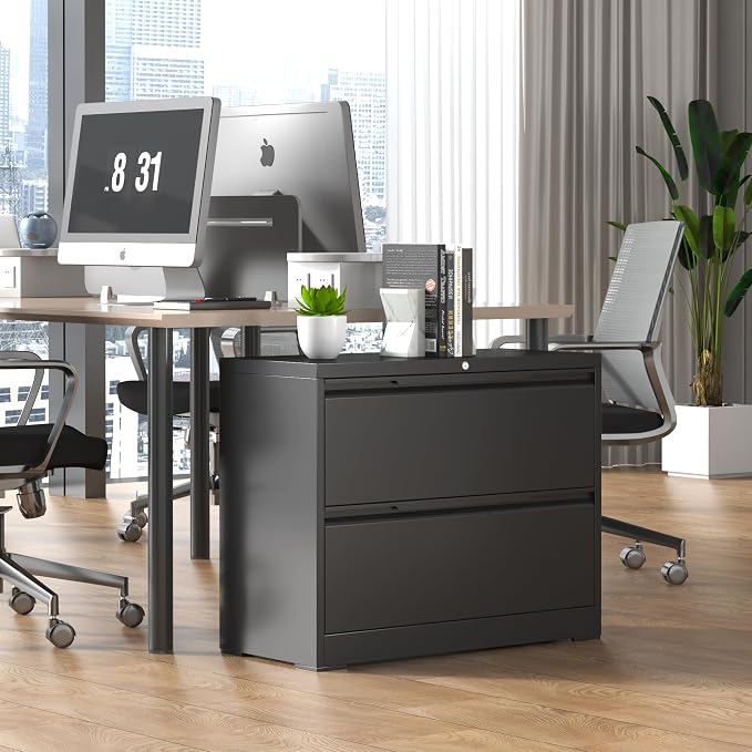 Lateral File Cabinet 2 Drawer, Metal File Cabinet with Lock | Filing Cabinets for Home Office, Black Locking Deep Drawer for Hanging Files Letter/Legal/A4/F4 Size, Assembly Required