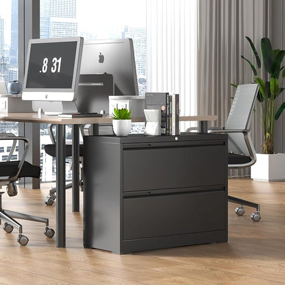Lateral File Cabinet 2 Drawer, Metal File Cabinet with Lock | Filing Cabinets for Home Office, Black Locking Deep Drawer for Hanging Files Letter/Legal/A4/F4 Size, Assembly Required