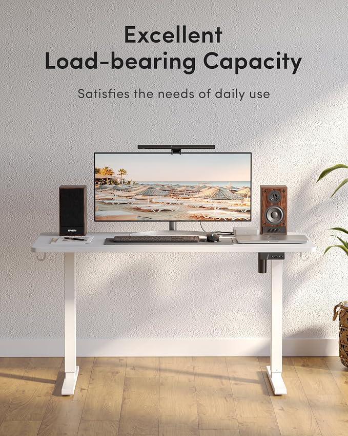 DESINO Standing Desk, 55 × 28 Inches Electric Height Adjustable, Sit and Stand Up, Computer Office Desk with Splice Board, White Frame/White TOP