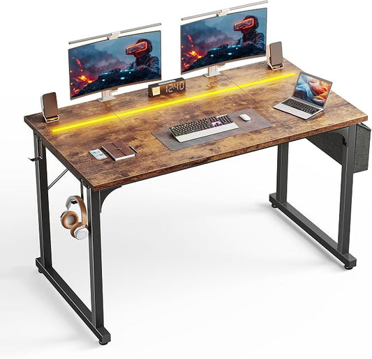 DurayLoly 48 Inch Computer Desk with Waterproof LED Lights,Study Desk for Teens & Home Office,Headphone Hook & Storage Bag Included,Sturdy Metal Frame,Small Space Friendly,Rustic Brown