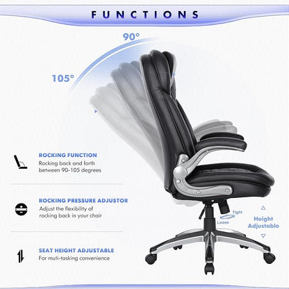 COLAMY High Back Executive Office Chairs,Ergonomic PU Leather Desk Chairs with Flip-Up Armrests, Adjustable Height, Lumbar Support,Comfortable Computer Chairs for Home Office,Set of 2
