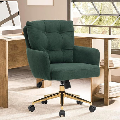 Flannel Office Chair, Comfy Home Office Desk Chairs with Lumbar Support, Modern Plush Fabric Desk Chair Gold Legs Swivel Task Chair for Home Office, Bedroom, Study, Green Upgraded Version