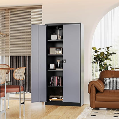Fesbos 71” Tall Metal Storage Cabinet- Steel File Cabinets with Lockable Doors and Adjustable Shelves-Black&Gray Steel Storage Cabinet for Home,Kitchen, School, Office, Garage