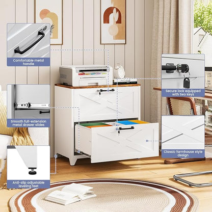 2 Drawer Farmhouse File Cabinet with Lock, Lateral Filing Cabinet for Letter/Legal/A4 Size, Wood File Storage Cabinets Printer Stand with Large Storage for Home Office School, White