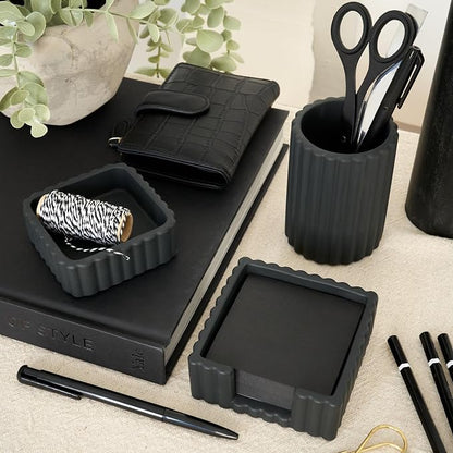 Aesthetic Desk Organizer Set of 3 For Your Office - Sturdy Concrete Desktop Accessories For Women Enhance Any Office Decor - Set incl. Pen Holder, Paperclip Storage & Sticky Note Holder for Teacher