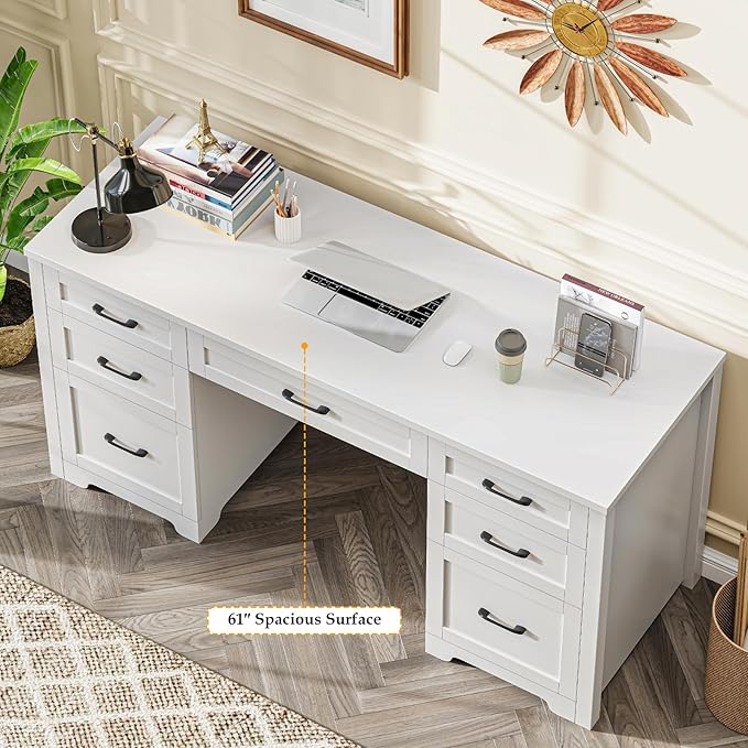 Vabches Farmhouse 61'' Executive Desk with 7 Drawers, Rustic Office Desk Computer Table with File Drawers, Wood Workstation for Study and Home Office, Cream White