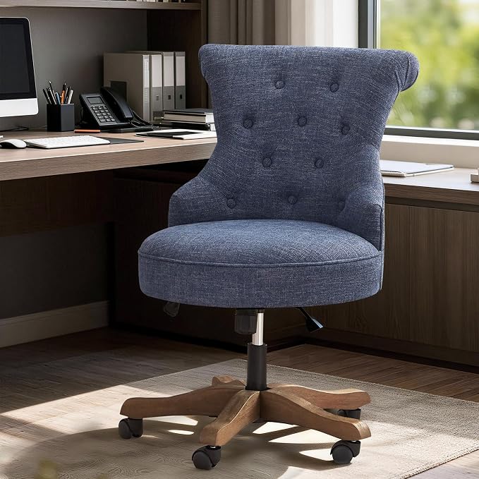 HUIMO Home Office Chair Upholstered Armless Desk Chair with Wheels Adjustable Height Computer Desk Chair with Wooden Legs Linen Comfortable Swivel for Farmhouse Study Studio (Blue)