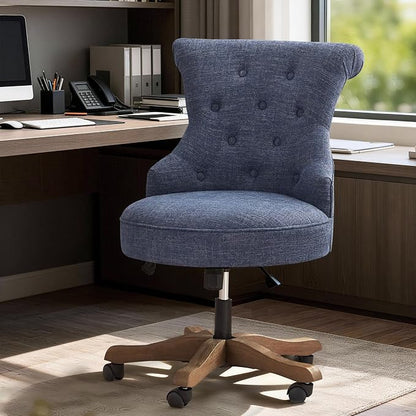 HUIMO Home Office Chair Upholstered Armless Desk Chair with Wheels Adjustable Height Computer Desk Chair with Wooden Legs Linen Comfortable Swivel for Farmhouse Study Studio (Blue)