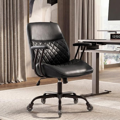 NEO CHAIR Ergonomic Leather Office Desk Chair with Fixed Armrests Mid Back Lumbar Support Swivel Executive Computer Chair with Wheels Comfy Home Office Chair for Adults (Black)