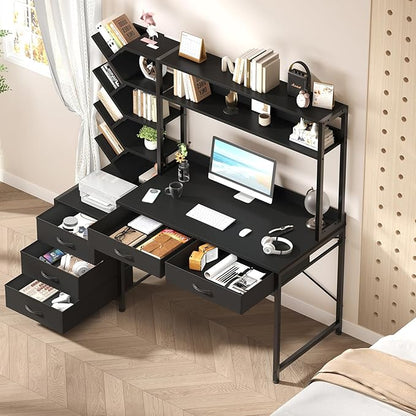 YOMILUVE Reversible Computer Desk with Hutch, Home Office Desk with 5 Drawers and Bookshelf, 52'' Study Writing Desk with Storage Shelves for Bedroom Home Office, Black