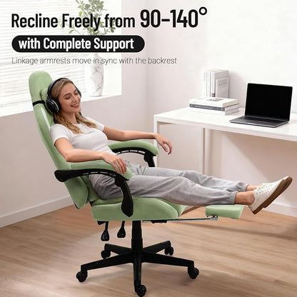Big and Tall Gaming Chair Fabric with Pocket Spring Cushion, High Back Heavy Duty Gaming Chairs for Adults with Massage Lumbar, Ergonomic Computer Chair with Footrest 400LBS Fabric Green