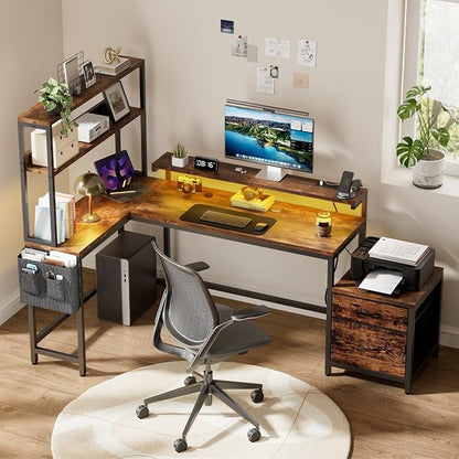 REAHOME 70 Inch L Shaped Desk with File Drawers and Reversible Storage Shelves, Computer Desk with Power Outlet & LED Strip, Home Office Desks, Writing Study Desk for Bedroom, Rustic Brown