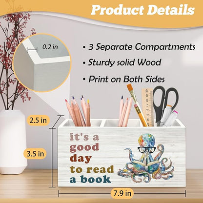 Book Lovers Gifts Octopus Pen Holder Organizer for Desk Accessories, It's a Good Day to Read a Book Wooden Box Sign Desk Decorations for Kids Classroom Reading Room Corner Nook Decor