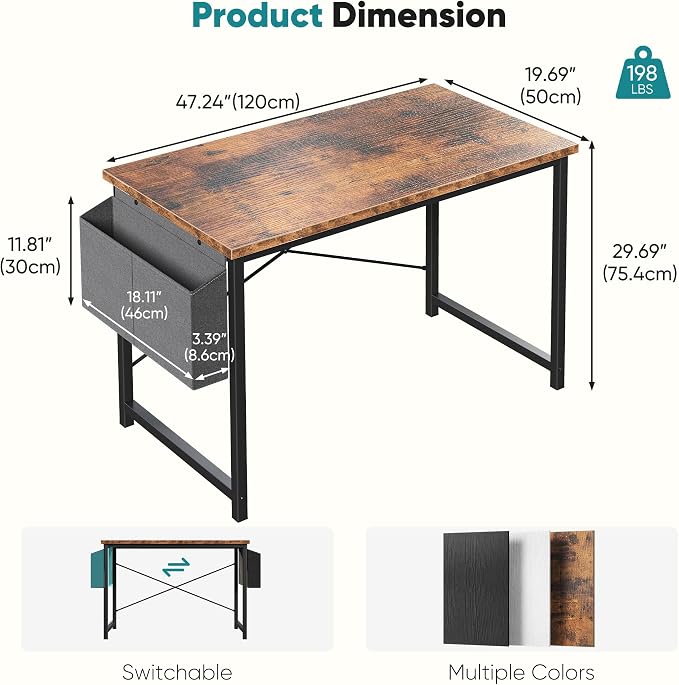 OLIXIS Computer Desk, 47 Inch Home Office Desks for Small Spaces, Writing Craft Study Gaming Table for Bedroom, Modern Computer Workstation with Storage Bag, Rustic Brown