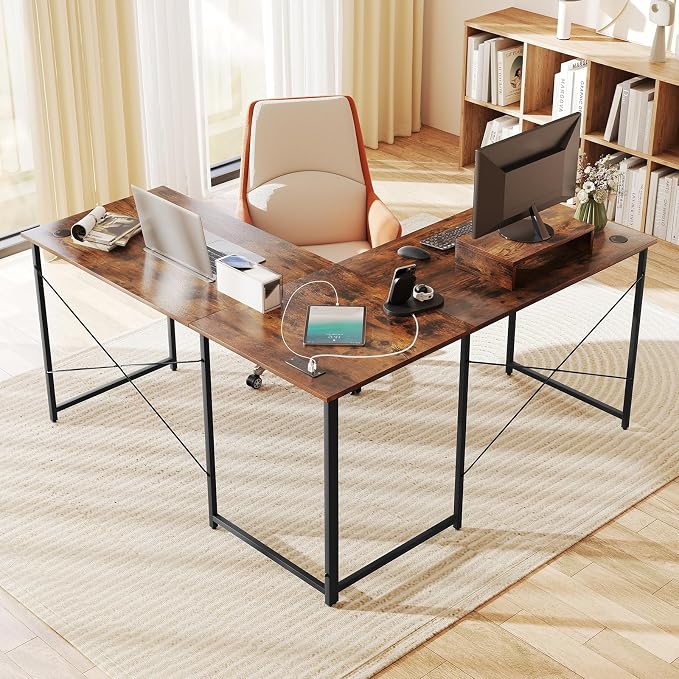 Tangkula L-Shaped Computer Desk with Power Outlets, 95” Long 2-Person Desk with Monitor Shelf, Modern Corner Desk Gaming Table with USB Ports for Home Office