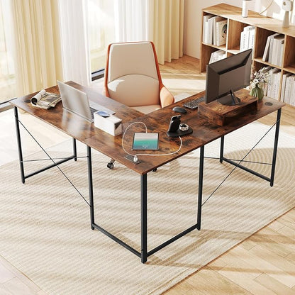 Tangkula L-Shaped Computer Desk with Power Outlets, 95” Long 2-Person Desk with Monitor Shelf, Modern Corner Desk Gaming Table with USB Ports for Home Office