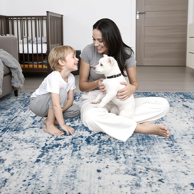 6x6 Area Rug Living Room Rug: Washable Modern Abstract Soft Thin Rug Indoor Floor No Slip Stain Resistant Carpet for Bedroom Dining Room Farmhouse Nursery Home Office - Blue