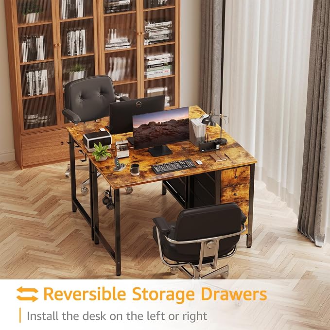 DLisiting 47 Inch Computer Office Desk - Home Office Desk with Storage Fabric Drawers, Simple PC Writing Work Desks for Bedroom Boys Girls Teens Childrens, Rustic Brown