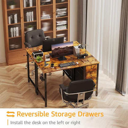 DLisiting 47 Inch Computer Office Desk - Home Office Desk with Storage Fabric Drawers, Simple PC Writing Work Desks for Bedroom Boys Girls Teens Childrens, Rustic Brown