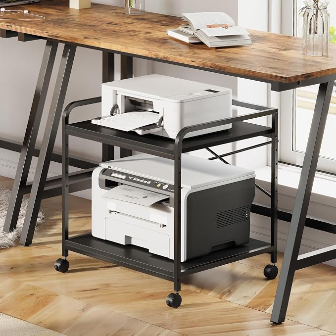 Printer Stand, 22''W X 20''D X 22.4''H Mini Fridge Stand, 3D Printer Table with Storage, Large Printer Cart with Height Adjustable Shelf, Rolling Printer Cart with Wheels for Home Office, Black