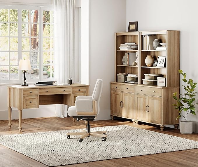 WAMPAT Home Office Furniture Set, 56'' Executive Desk with Charging Station, 72" Tall Bookcase with 4 Doors and 2 Drawers, Wood Computer Desk with File Cabinet Storage, Open Shelf, Oak