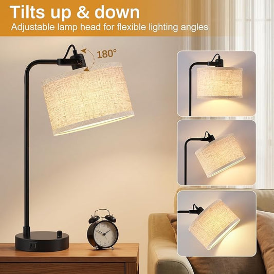 Black Table Lamp Set of 2 with USB A and C Ports, 180° Adjustable Stepless Dimming Bedside Lamps for Night Stands, E26 LED Bulb Included, Industrial Desk Lamps for Home Office, Bare Bulb Compatible