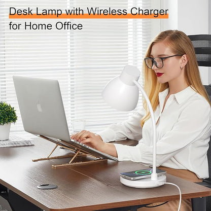 Desk Lamp for Home Office - LED Desk Lamp with Wireless Charger, 3 Color Modes Dimmable Eye-Caring Study Reading Desk Light, Small Flexible Arm Table Lamp for College Dorm Room Bedside, White