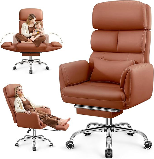 Big and Tall Office Chair 500LBS, Ergonomic High Back Leather Executive Chair, Reclining Swivel with Adjustable Armrests Lumbar Support Footrest, Cross Legged, Brown