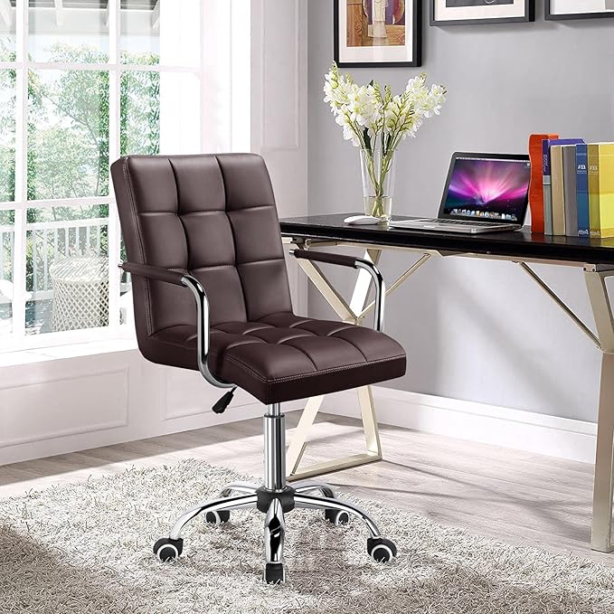 Topeakmart Office Task Chair Computer Desk Chair Modern Ribbered PU Leather Mid-Back Adjustable Height Comfy Swivel Chair w/Armrests and Wheels, Brown
