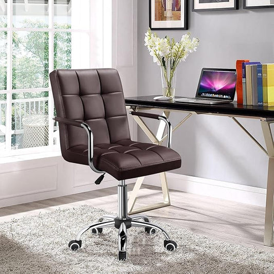 Topeakmart Office Task Chair Computer Desk Chair Modern Ribbered PU Leather Mid-Back Adjustable Height Comfy Swivel Chair w/Armrests and Wheels, Brown